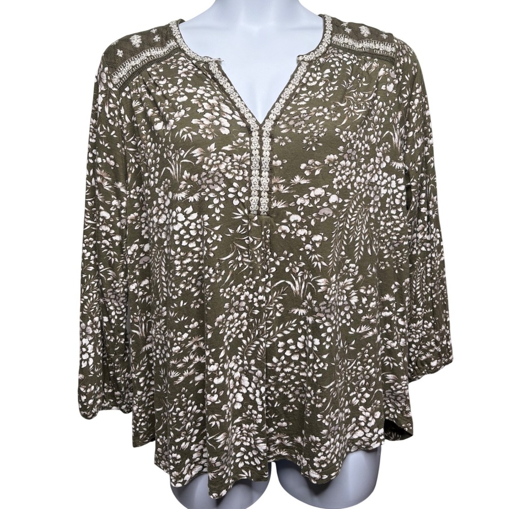 LUCKY BRAND Womens Olive Green Floral Embroidered Peasant Blouse 2X Boho Flowy